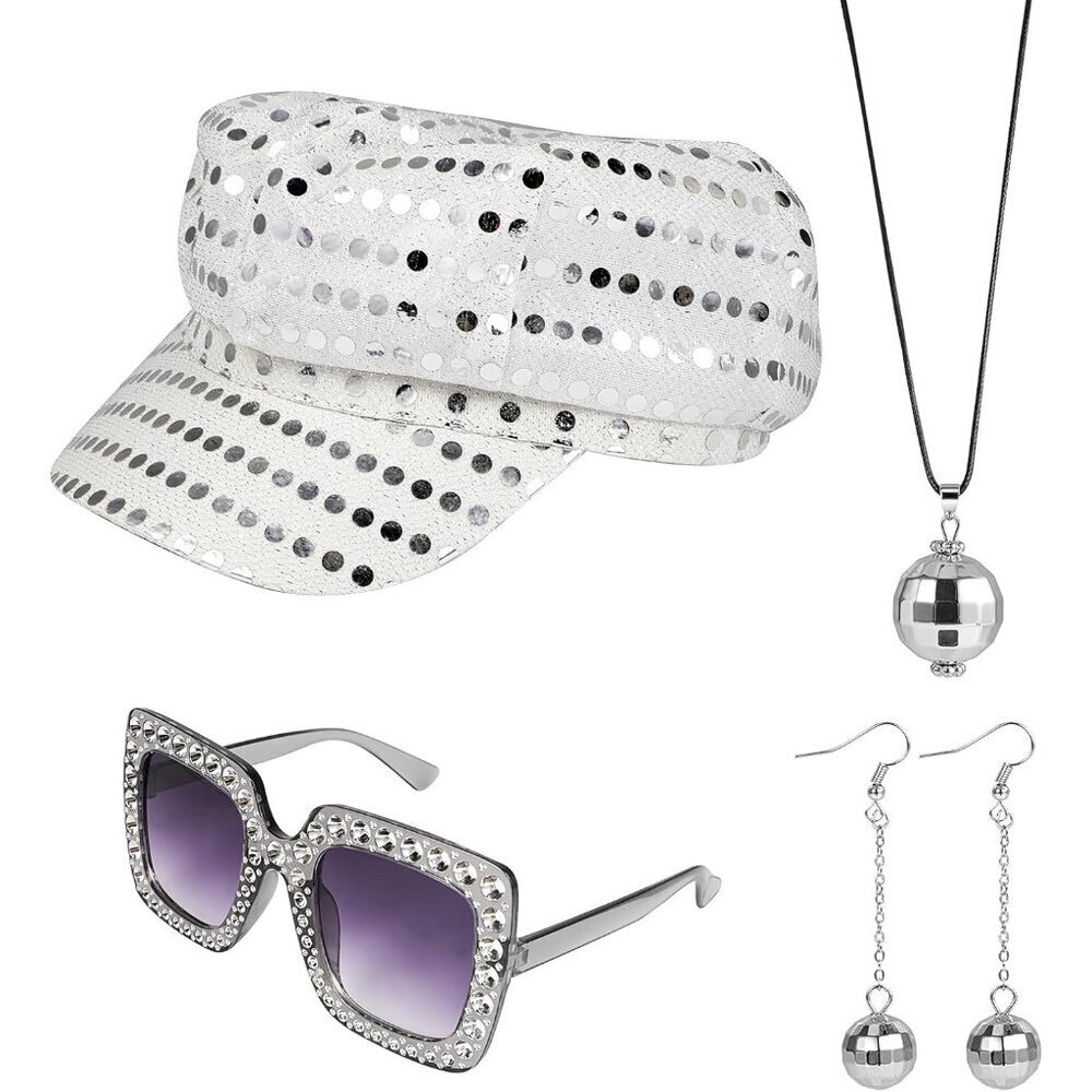 4PCS Disco Costume Accessories Set Sequin Hat Earrings Sunglasses Necklace for W - Picture 1 of 8